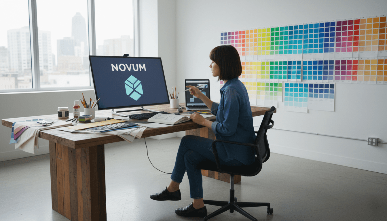 Designer sketching branding concepts with color swatches in a modern studio