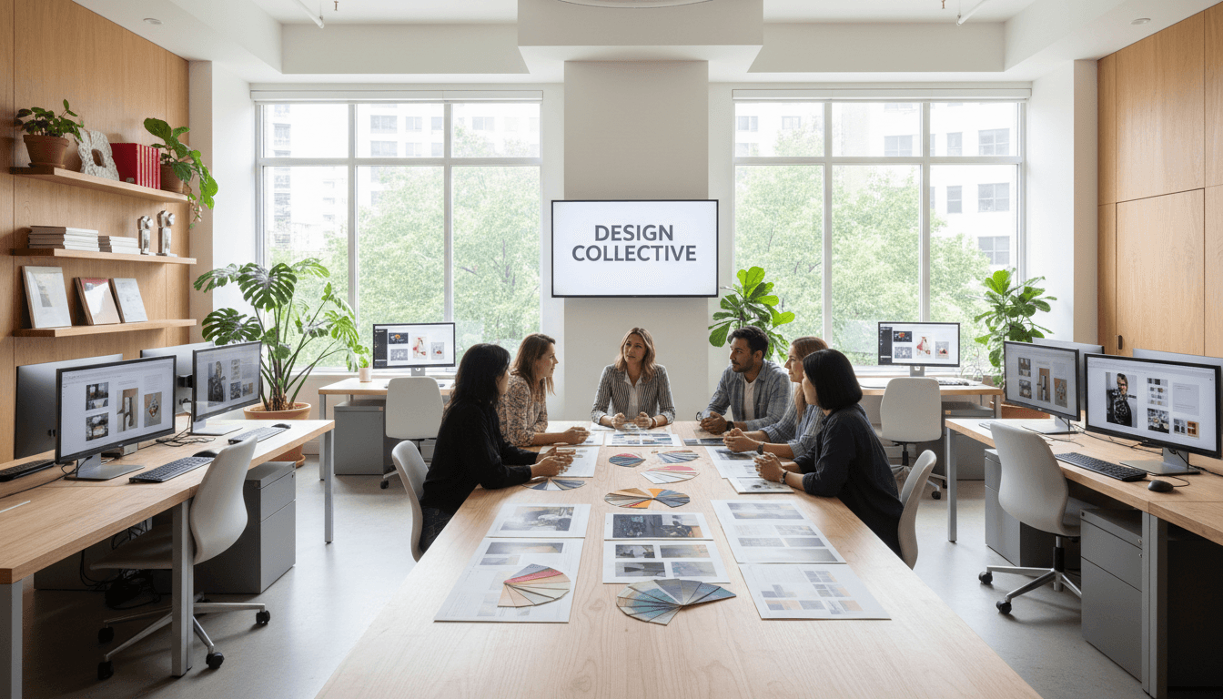Branding materials and color swatches on a clean design studio desk