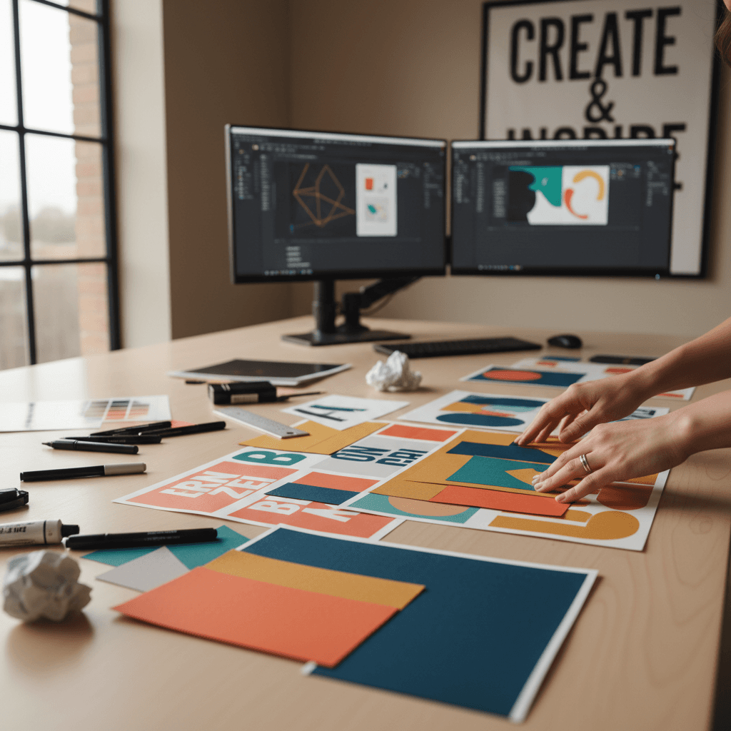 Graphic designer reviewing brand identity mockups on a modern studio desk