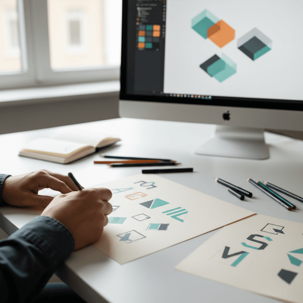 Creative designer sketching brand concepts on a desk in a modern studio