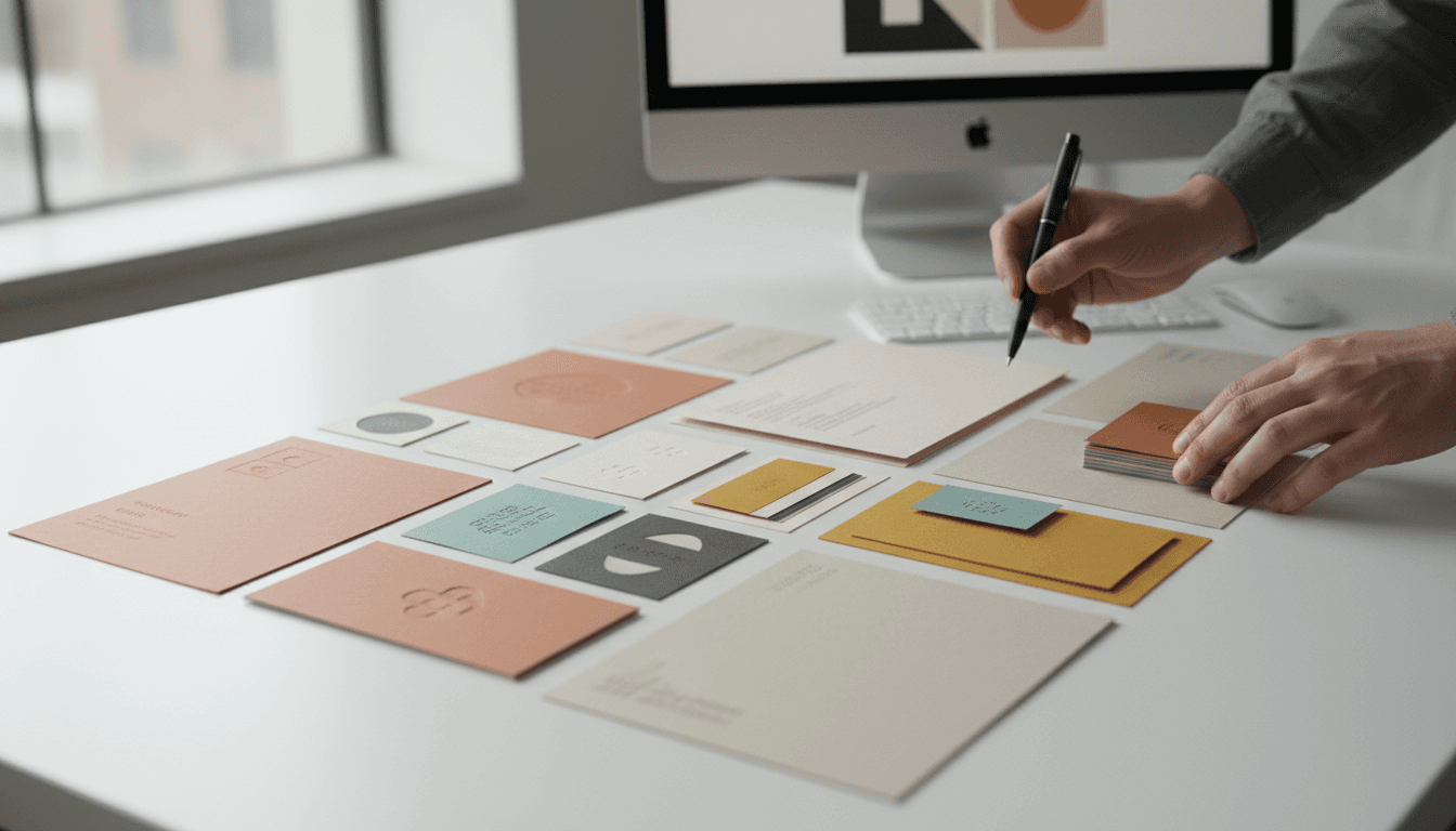 Designer reviewing printed logo options and color swatches