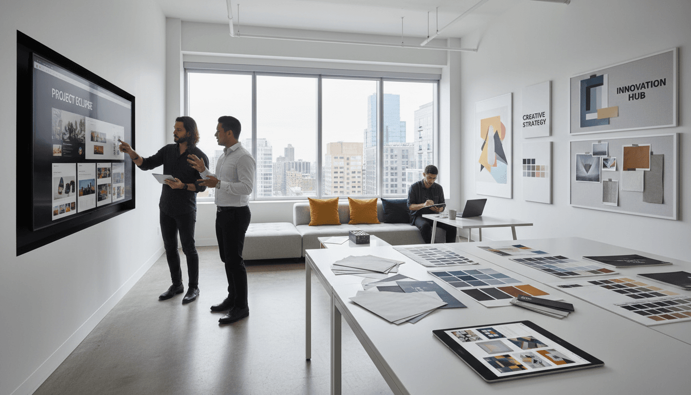 Designer reviewing brand color swatches and sketches in a bright studio
