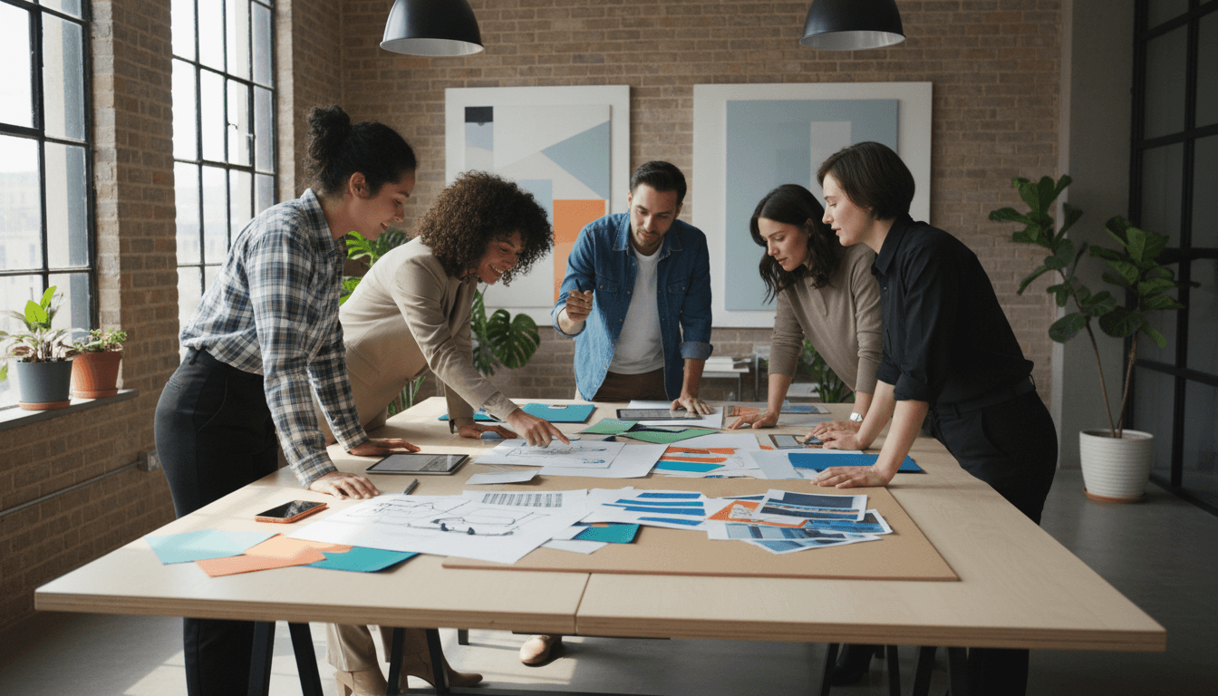 Creative design team collaborating on branding materials in a modern studio