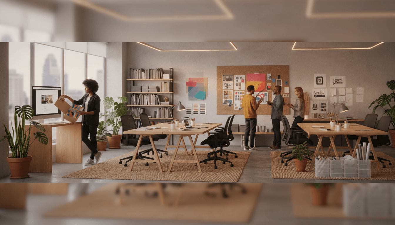 Creative design team collaborating on branding project in a bright modern studio