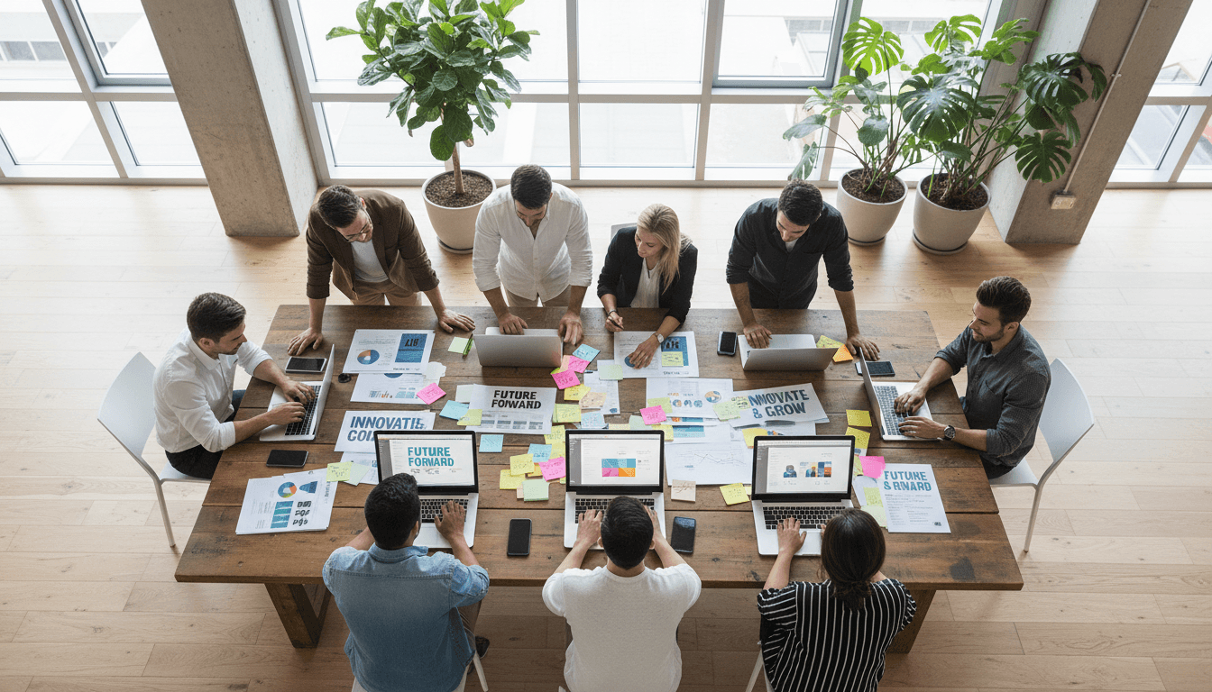 Creative team reviewing marketing materials at a bright modern studio
