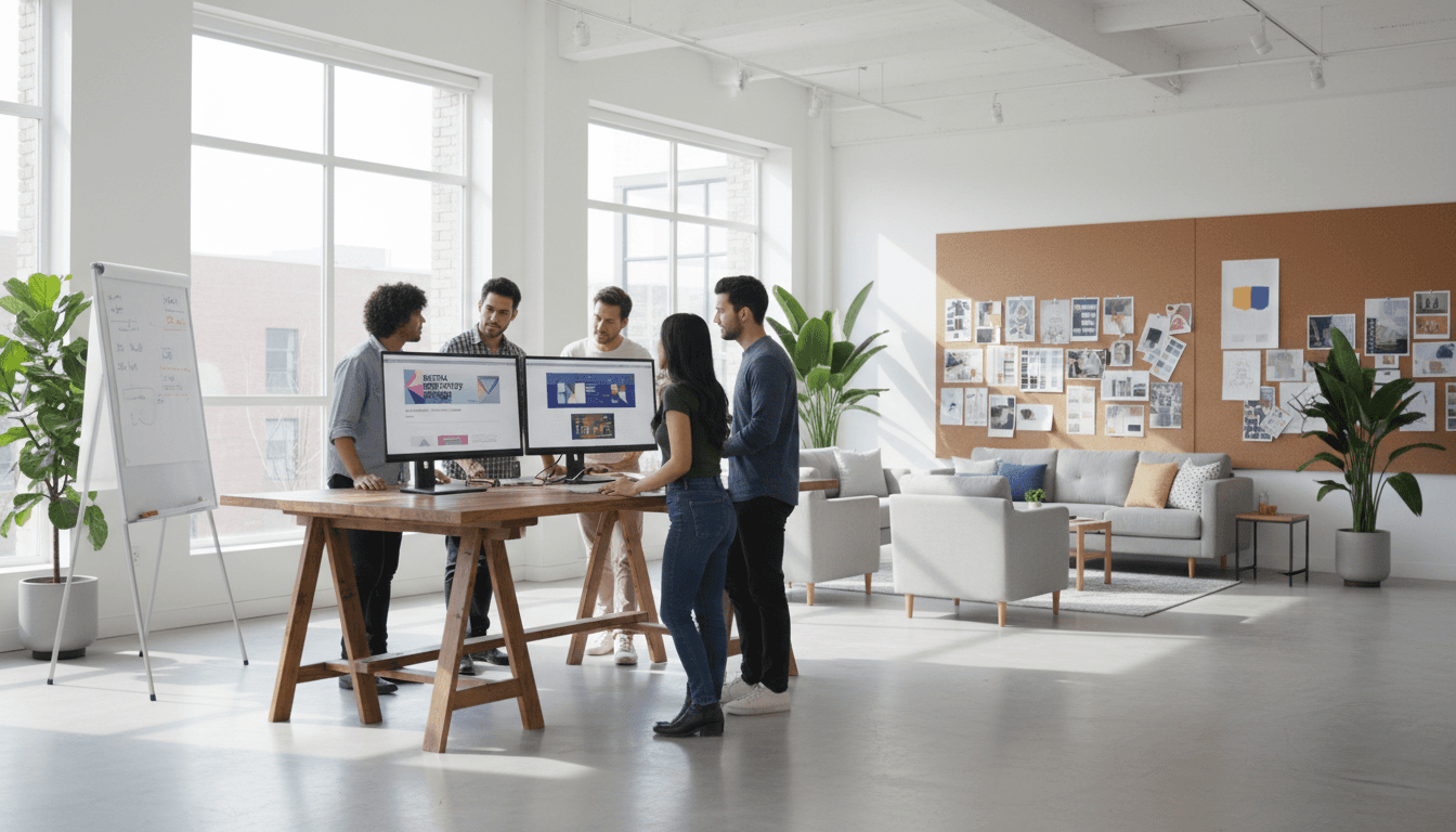 Design team collaborating on brand materials in a modern studio